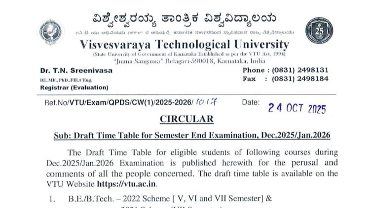VTU Semester End Exam Timetable Dec 2025 Jan 2026