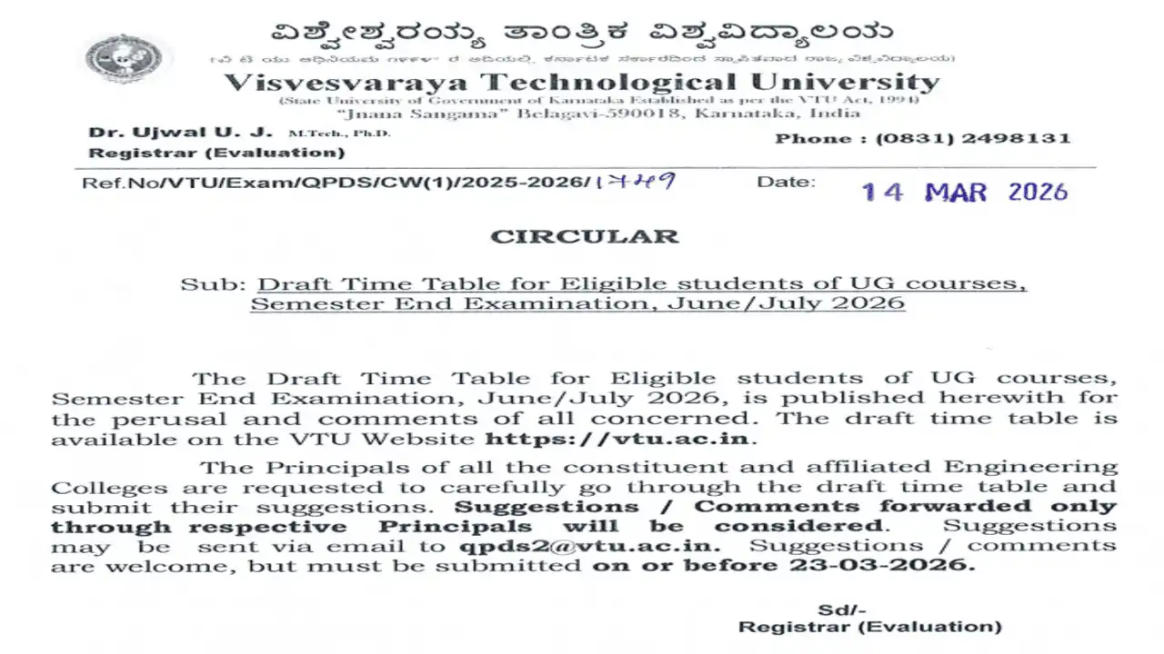 VTU Draft Time Table 2026